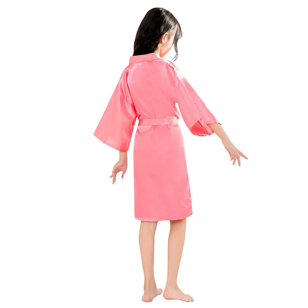 Toddler Baby Kids Girls Solid Silk Satin Kimono Robes Bathrobe Sleepwear Clothes 1PC Bathrobe+1PC Ribbons G1021