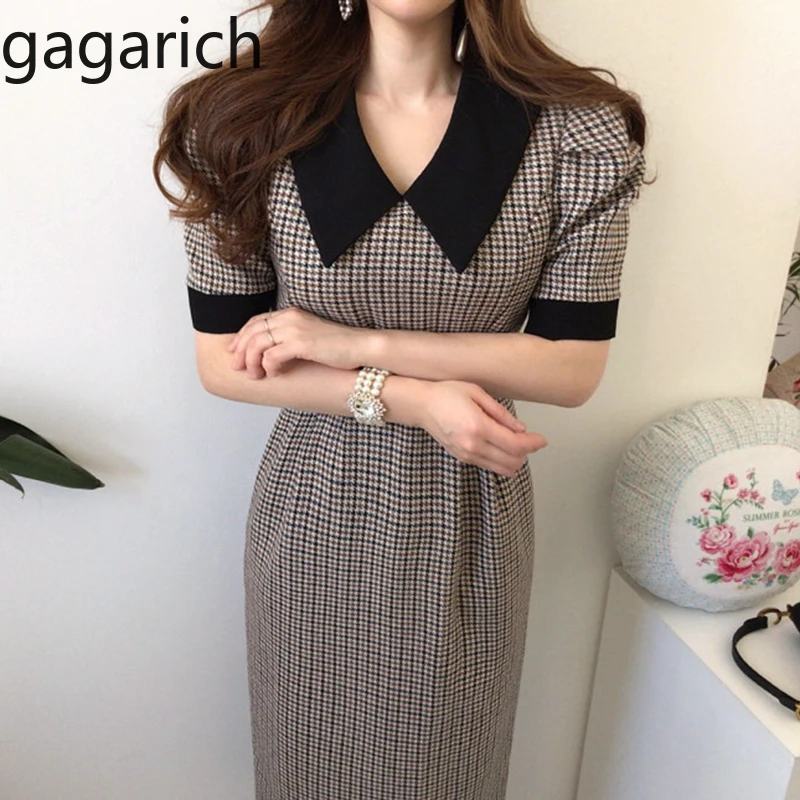 

Gaganight Houndstooth Vintage Women Bodycon Dress Short Sleeve Turn Down Collar Summer Lady Party Dress Chic Split Vestidos 2020