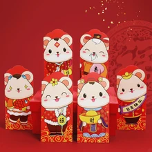 6pcs/set Cartoon Chinese Zodiac Mouse New Year Spring Festival Traditional Custom Paper Red Envelopes Money Bag Kids Gift