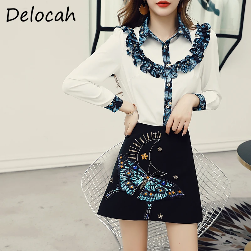 

Delocah Women Fashion Autumn RunwayÂ 2 PiecesÂ Set Ruffles Loose Loose Blouses + High Waist Crystal Short Skirts TwoÂ PiecesÂ Suits