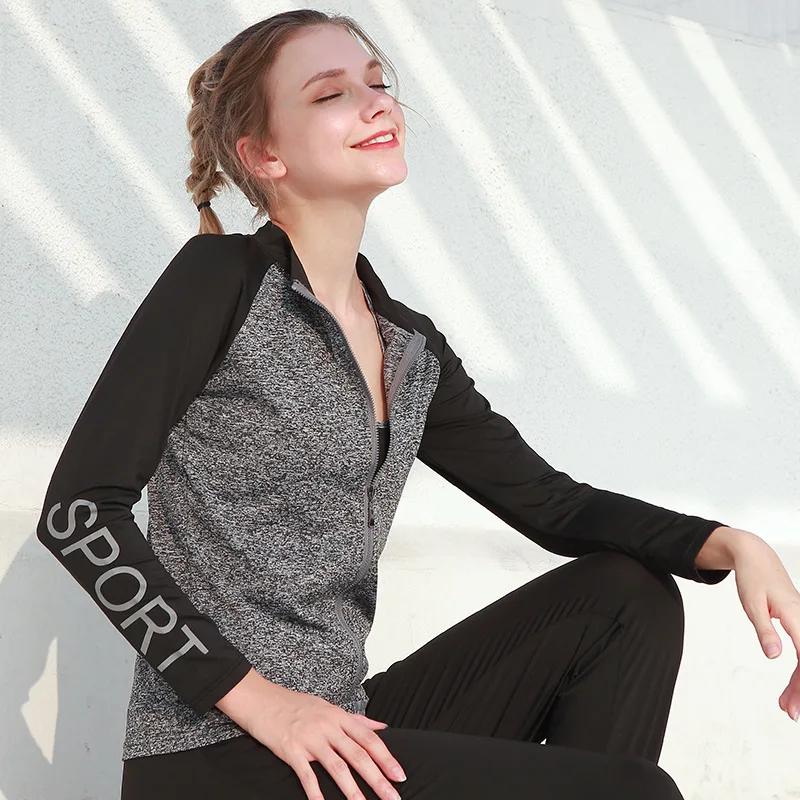 

Women Keep Warm Outdoor Running Jackets Patchwork Printed Letter Sports Zipper Jacket Yoga Fitness Training Female Gym Jackets