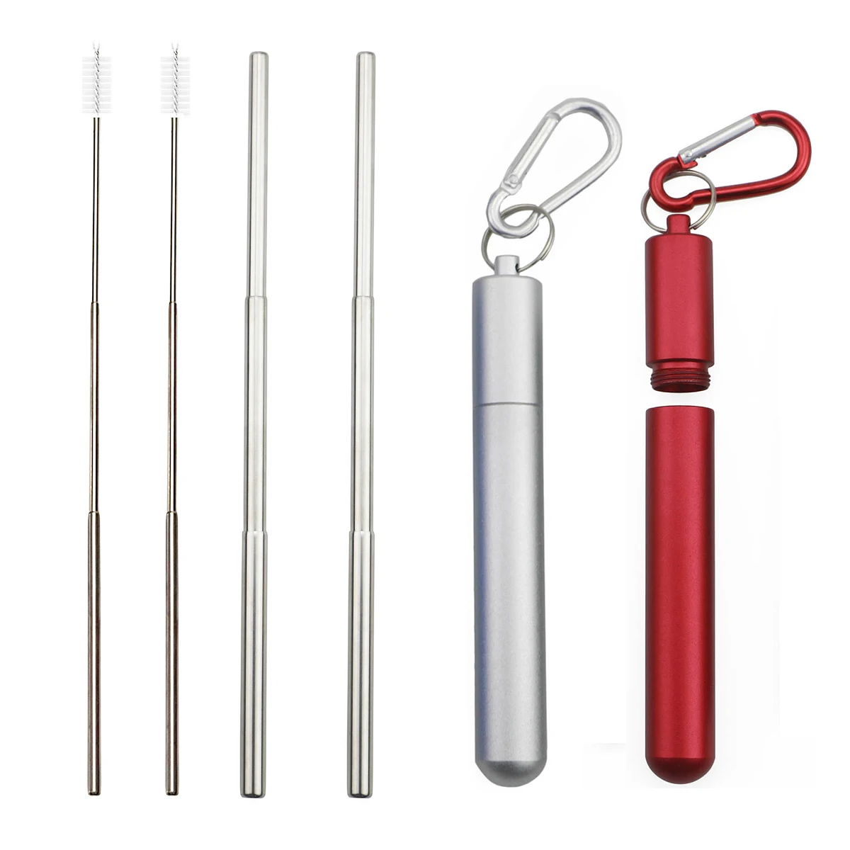 6pcs Silver-Red 6 шт. портативная многоразовая телескопическая из нержавеющей стали соломинки для напитков, Раскладной Металлический соломинка с соломинкой, щетка для ведра - Цвет: 6pcs Silver-Red