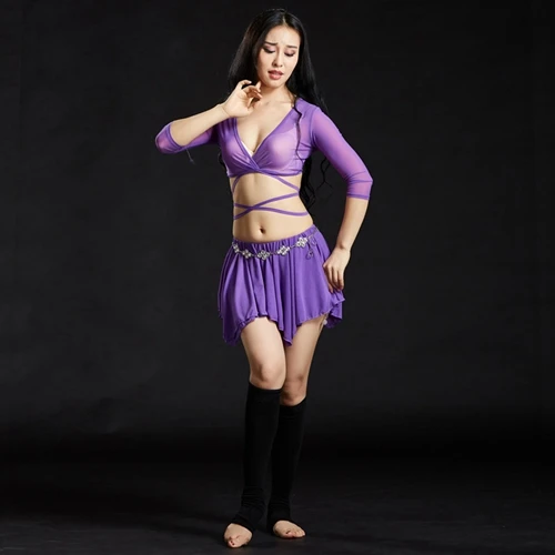 Новинка, комплект из 2 предметов, топ и юбка, одежда для танца живота, женский модальный костюм для танца живота с завязками, костюмы для занятий танцами живота для взрослых, сексуальный комплект для танца живота - Цвет: Purple
