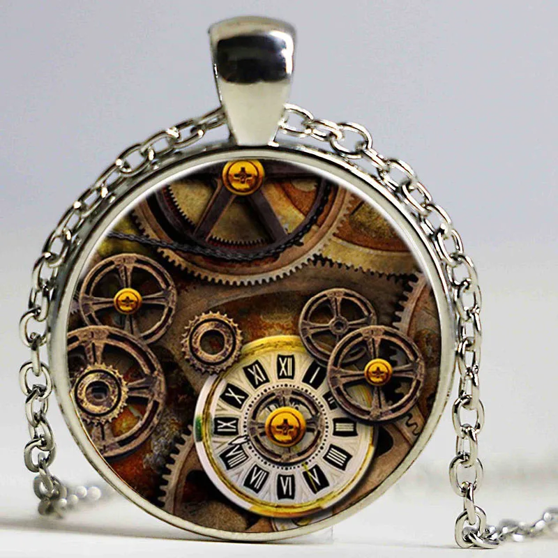 Newest 2015 Hot Fashion Glass Cabochon Bronze Chain Steampunk Mechanical Gear Pendant Necklace For Women Men