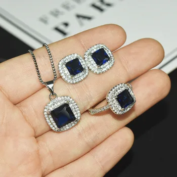 

Handmade Lab sapphire emerald Garnet cz Jewelry set 925 Sterling Silver Bijou Party Wedding Rings Necklace For Women Bridal Gift