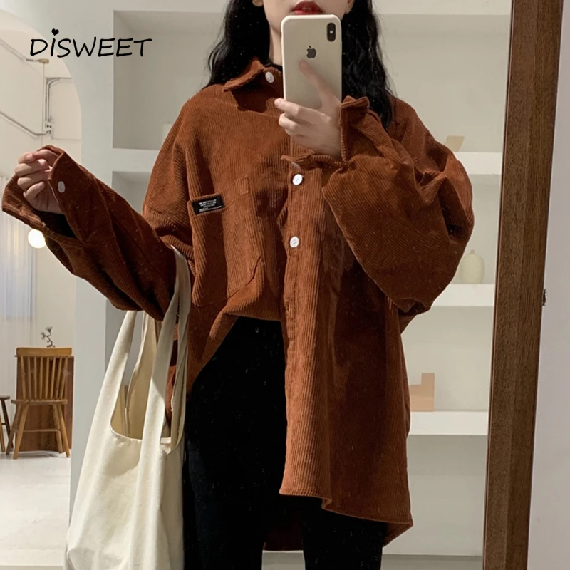 

College Wind Corduroy Long Sleeve Shirt Woman Korean Lapel Single-Breasted Loose Shirt Ladies Harajuku Brown Shirt Women 2020