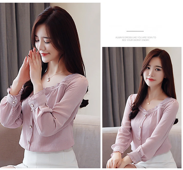 Осень корейский Тонкий длинный рукав женский джемпер модные шифоновые белые блузки рубашки женская одежда женские рубашки 11G
