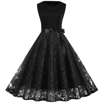 

Women Summer Dress Vintage Lace Dress Robe Midi Vestidos 50S 60S Elegant Femme Sleeveless Party Casual Plus Size Black