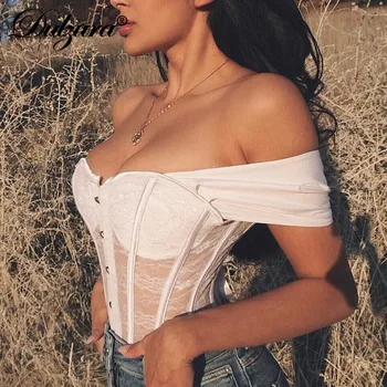

Dulzura lace bodycon bandage women t shirt sheer crop top sexy off shoulder elegant party streetwear 2019 autumn winter clubwear