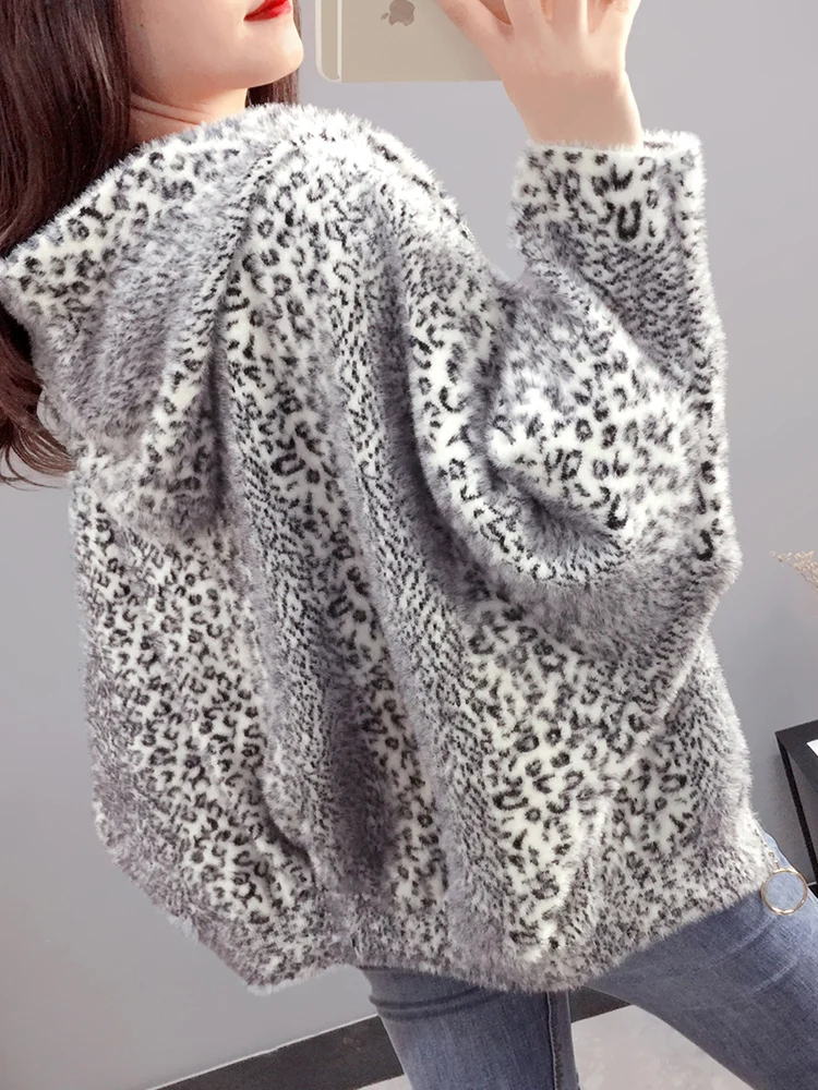 Jumper Mink Full Zipper Limited Thick Cardigan Women's Sweater New Lazy Wind Loose Imitation Velvet Leopard Knit Women