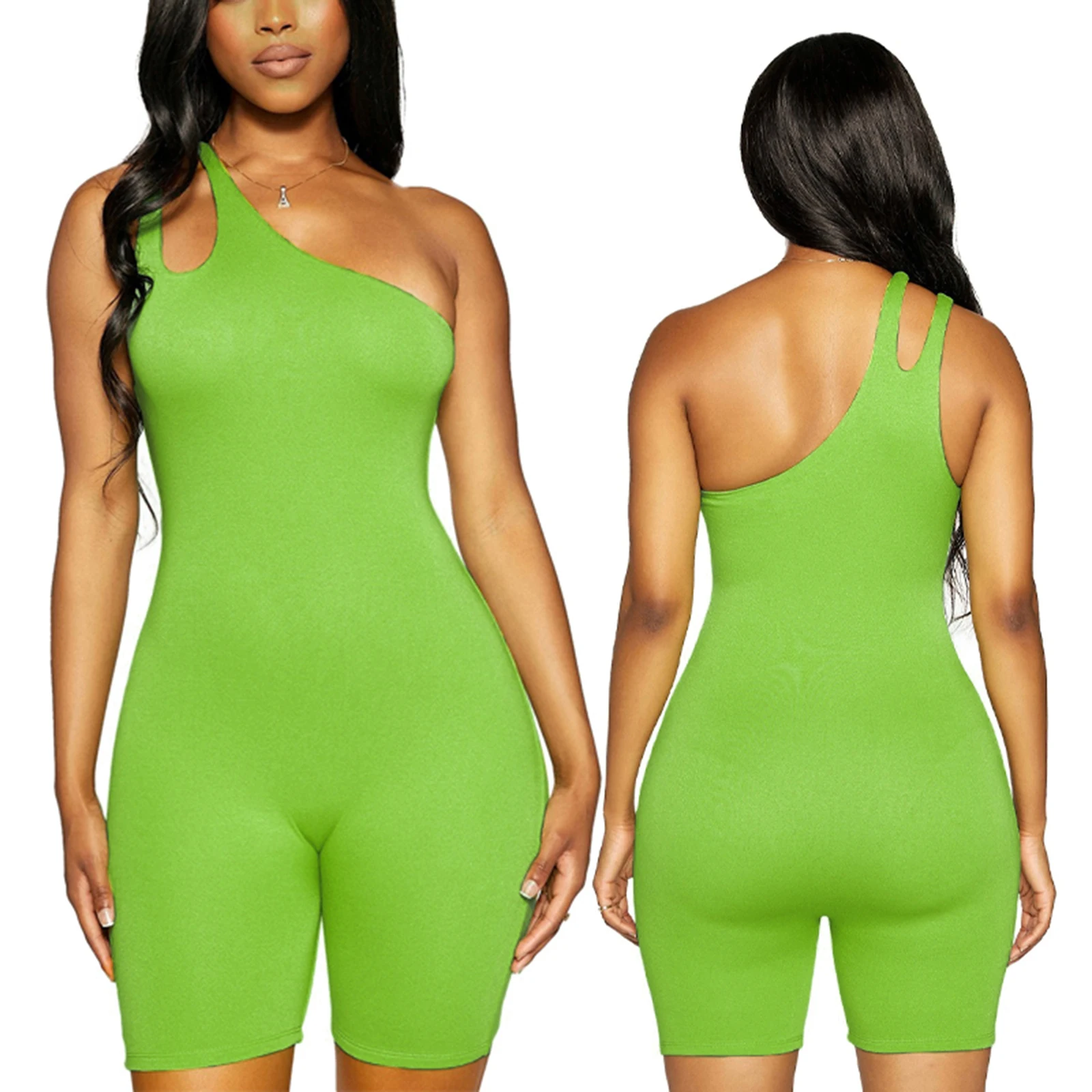 

Women Close-fitting Overalls, Solid Color One-shoulder Sleeveless Playsuit, Green/ Black 2021 New Fashion
