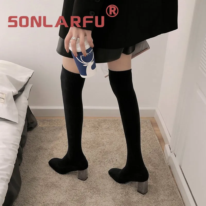 

Over-the-Knee Boots Women's Autumn and Winter New Square Toe Chunky Heel High Heel Shoes Thin Leg Slimming Stretch Socks Boots