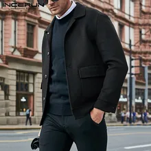 INCERUN осенне-зимние теплые мужские модные однотонные шерстяные пальто с длинными рукавами и лацканами классические повседневные мужские куртки