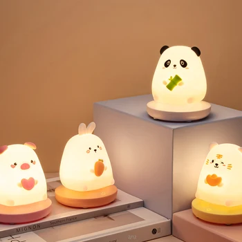 LED 야간 조명 귀여운 동물 돼지 토끼 실리콘 램프 터치 센서 밝기 조절 가능, 어린이 침실 휴일 선물 충전식