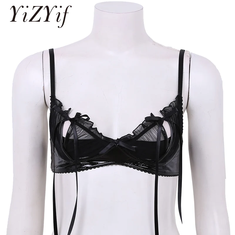 

Women Wetlook Patent Leather Lingerie Adjustable Spaghetti Shoulder Straps Split Cups Bralette Wire-free Unlined Bra Top