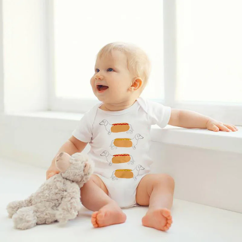 

0-24M Newborn Baby Boy Girl White Soft Jumpsuit Dachshund Hot Dogs Print Fun Bodysuit Cute Dachshund Toddler Clothes