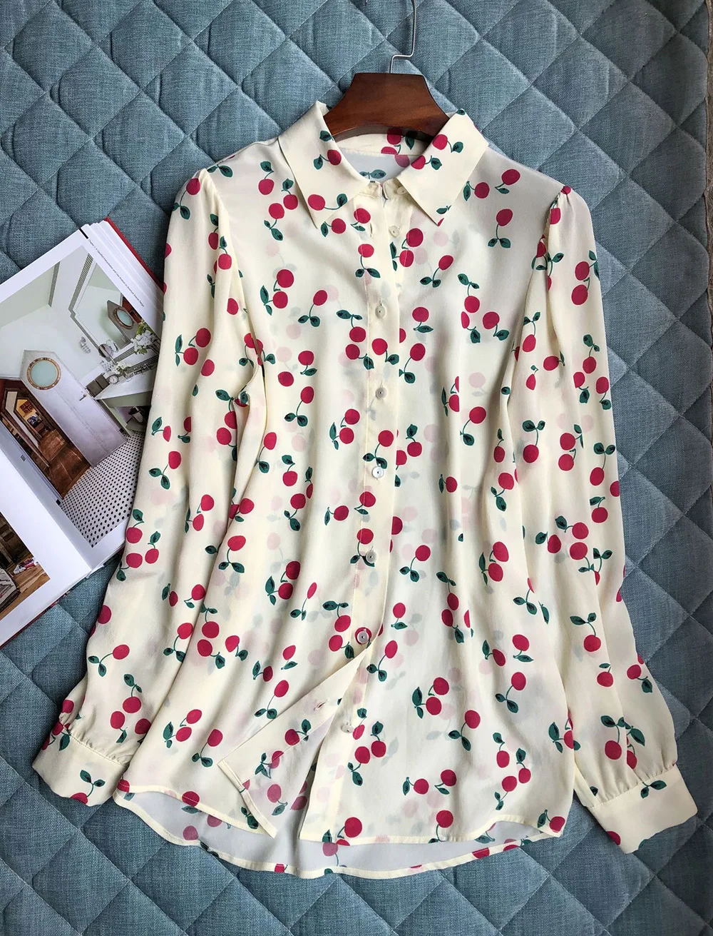 Ladies Cherry Print Silk 100% Lapel Long Sleeve Blouse Shirt Top 2