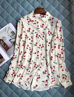Ladies Cherry Print Silk 100% Lapel Long Sleeve Blouse Shirt Top 2