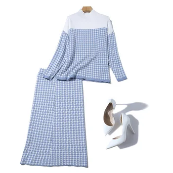 

2020 Spring Autumn New Plaid Knitted Sweater Pullover and Pencil Skirts 2 Pieces Sets Women Warm Sweater Skirt Suit Clothes D469