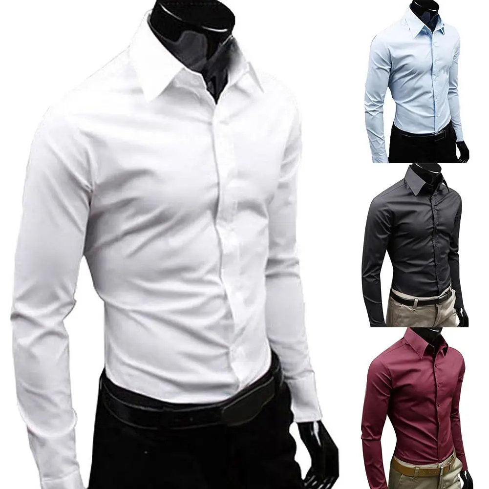 

Business Men Solid Color Long Sleeve Button Down Slim Cotton Plus Size Shirt