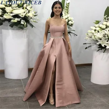 

Elegant Satin Evening Dresses Long with Beads Sash 2020 Celebrity Style Strapless Prom Dress Sexy Side Slit Party Prom Gown