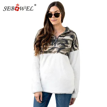 

SEBOWEL Autumn Woman Plaid/Camo Print Fuzzy Pullover Sweatshirts Female Warm Cozy Fuzzy Zip Tops with Pockets Size S-XXL Clothes
