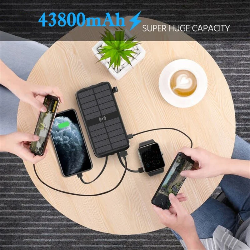 43800mAh Solar Power Bank Fast Qi Wireless Charger for iPhone 15 Samsung Huawei Xiaomi Poverbank PD 20W Fast Charging Powerbank