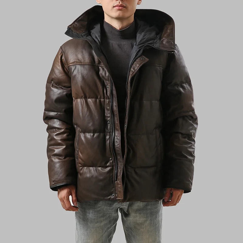 50% OFF AH-909 Read Description! quality super warm genuine sheep skin duck down leather jacket mens sheep leather duck down coat