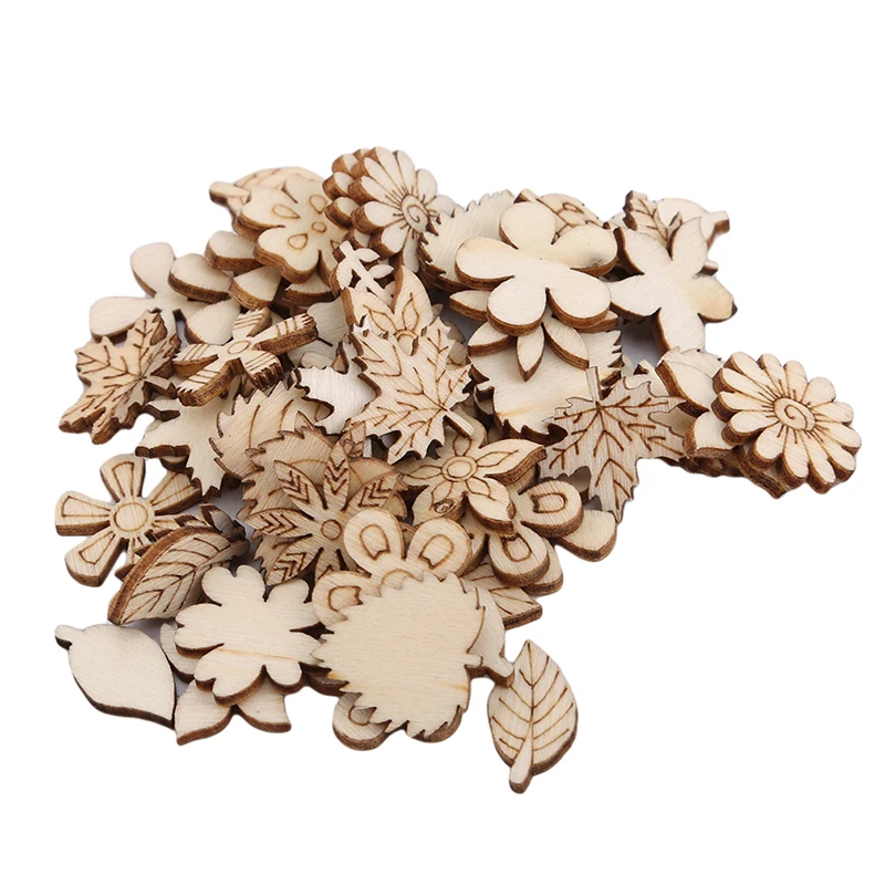 50/100pcs Wooden Buttons New Arrival Flower Leaf Shape Mixed Wood Buttons DIY Wood Environmental Decorative Handicrafts - Цвет: 50Pcs