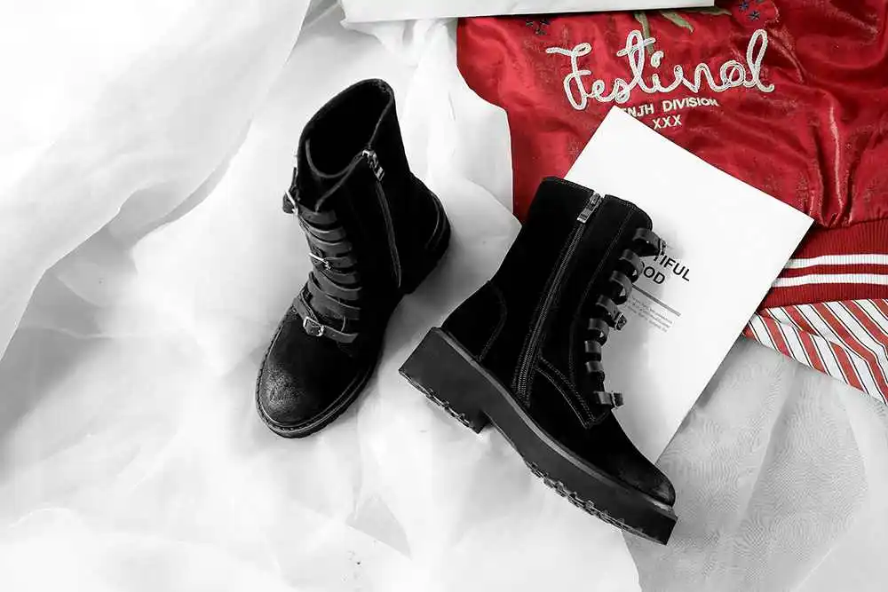 Lenkisen genuine leather vintage campus style belt buckle straps round toe high heels rock winter women warm mid-calf boots L33