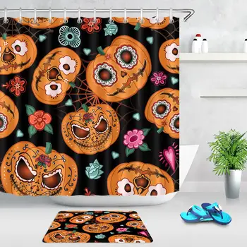 

Pumpkin Flowers Spiderweb Halloween Theme Cartoon Pattern Shower Curtain Bathroom Home Decor Waterproof Fabric With 12 Hooks