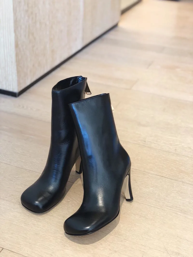 BELLECOM High With Short Boots Women's Singles Back Zipper Coarse With Genuine Leather Small White Boots French Stovepipe