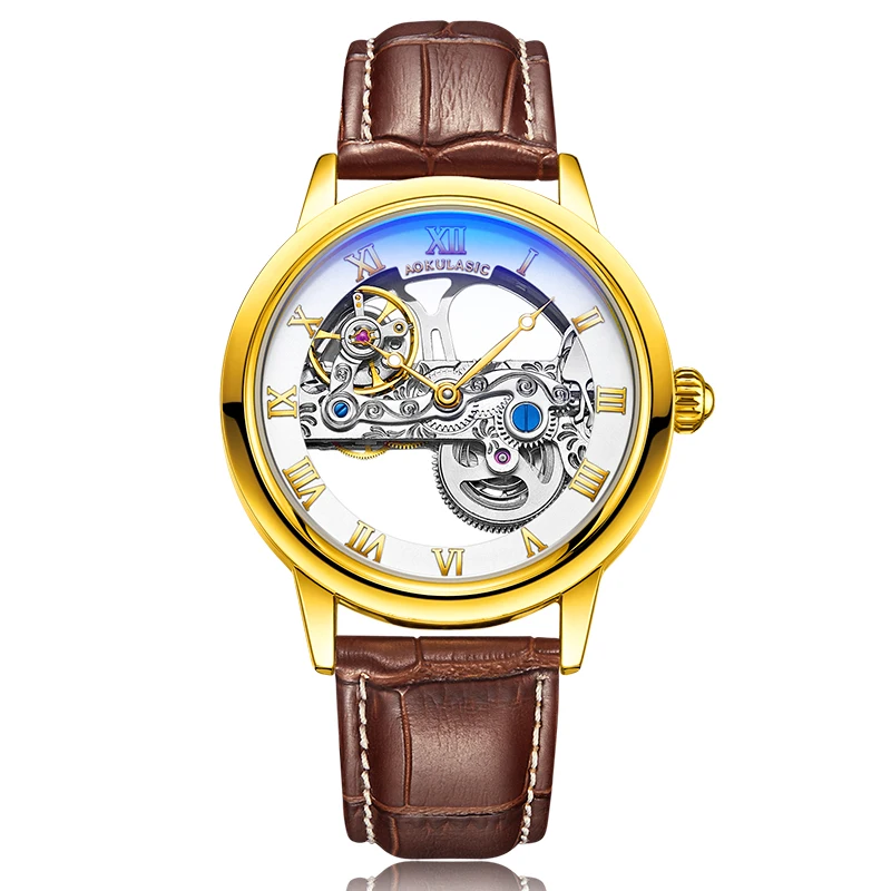 Уникальные прозрачные автоматические механические часы для мужчин, роскошные скелетные шестерни с автоматическим заводом, модные кожаные часы Montre Homme Reloj - Цвет: Mechanical watch 4