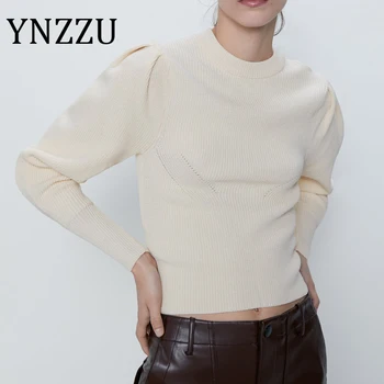 

YNZZU European Style Solid Casual Sweater Women 2020 New Spring Autumn Lantern Sleeve Female Knitted Pullover Short Jumper AT537