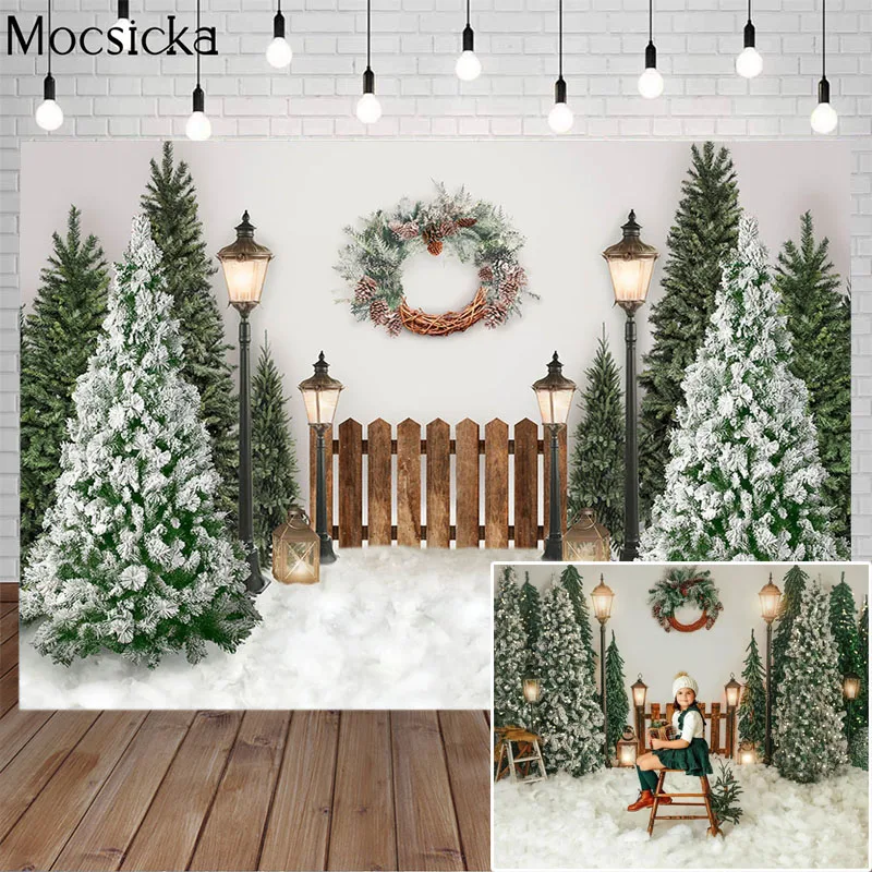 

Mocsicka Christmas Photography Background Christmas Tree Fence Street Lamp Backdrop Child Portrait Decoration Props Photo Studio