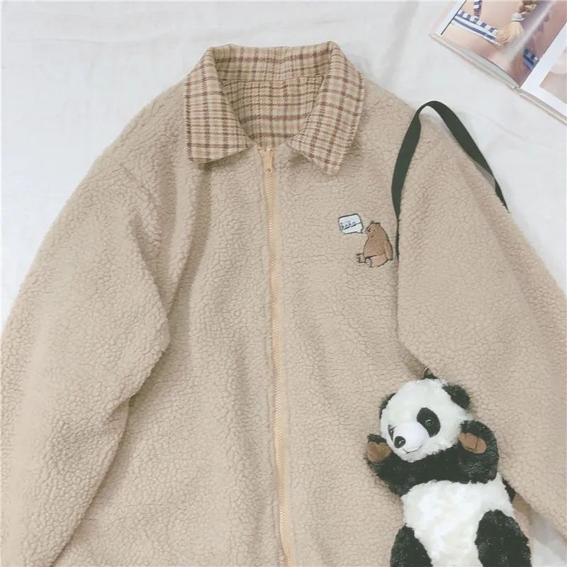 

Lamb wool Coat Bear Embroidery Cute Women Student Thicken Plaid Jacket Small Fresh Soft sister Loose Long Sleeve Outer Wear Tops