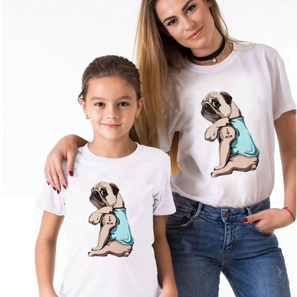 

Funny I LOVE MOM Bulldog Print Cute Family Look T-shirt Harajuku Mama and Daughter Tshirt Casual Fine O-neck Baby Girl Tshirt