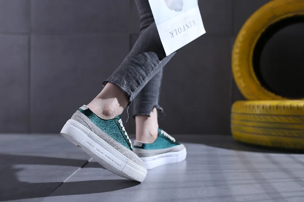 Fashion Women Flats Bling Patchwork Sneakers Platform Shoes Satin Casual Shoes Round Toe Lace Up spring summer autumn