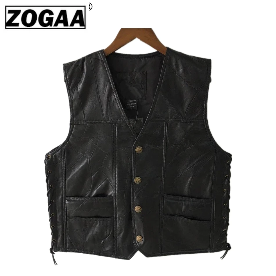 

Men Motorcycle Vest Leather Black Waistcoat Male Biker Punk Genuine Leather Button Lace Up Autumn Sleeveless Jackets Tos Men
