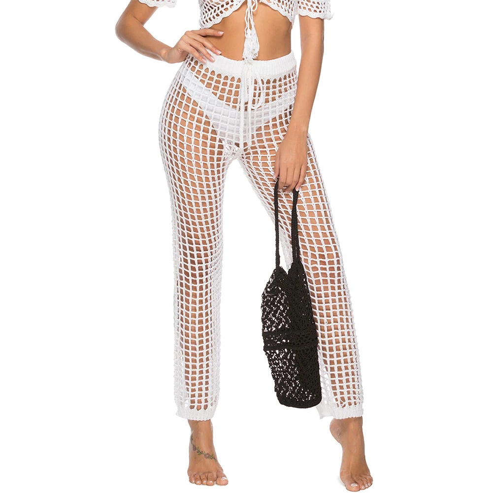 

Adjustable Belt High Waist Crochet Knitted Clubwear Drawstring Bikini Cover Up Wide Leg Women Pants Beach Loose Long Trousers