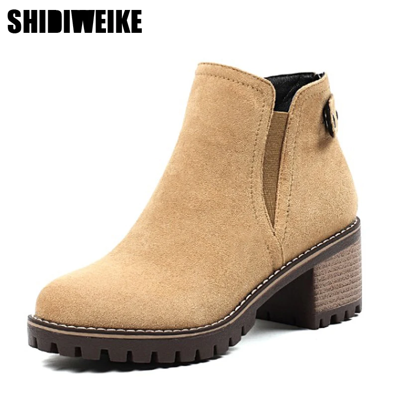

2019 Women's Square Heels Flock Boots Casual Round Head Warm Autumn Winter Shoes Woman Elastic band Short Booties J575