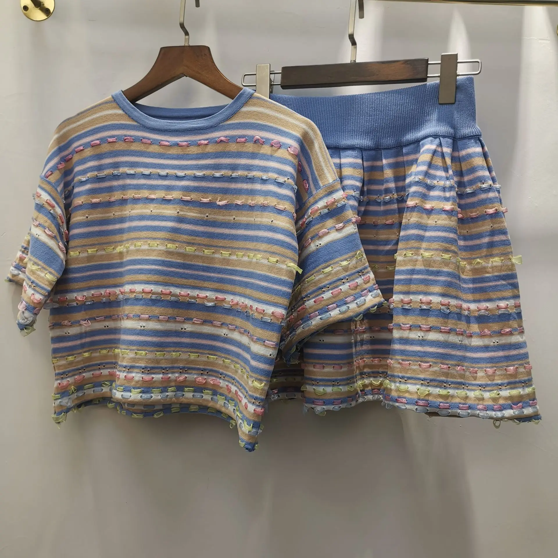 

Fashion Summer Graceful Stripes Industrial Handmade Color Ribbon Weaving Knitted Jacket + Skirt WOMEN'S Suit