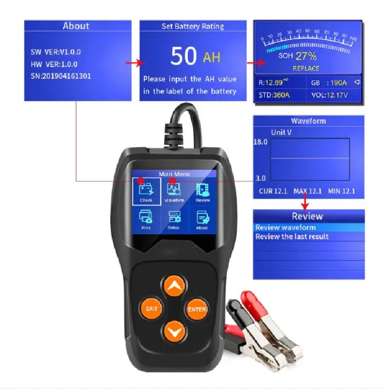 KW600 Car Battery Tester LCD Display 100 to 2000CCA 12V Auto Load Analyer Tool X7JF