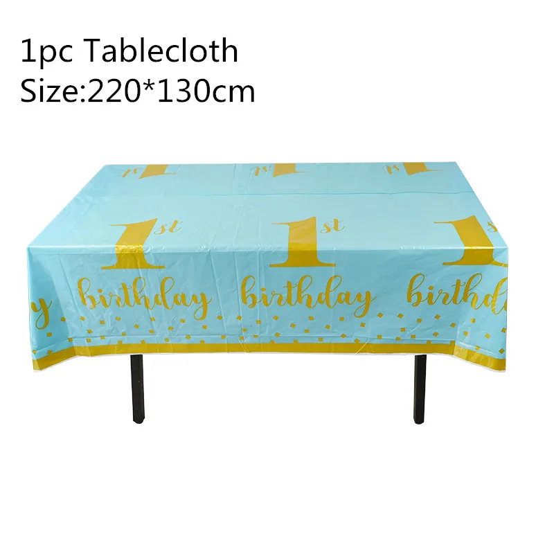 1pc Tablecloth Одноразовые столовые приборы на 1-й день рождения, синие и розовые тарелки, салфетки для стаканчиков, соломенные, для детского душа, украшения для первого дня рождения - Color: 1pc Tablecloth