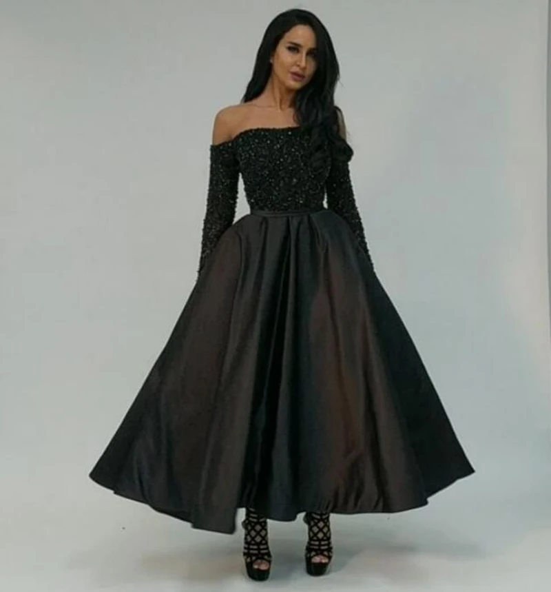 Элегантное женское вечернее платье черные женские вечерние платья Длинные элегантные с открытыми плечами с длинным рукавом тяжелые бусины вечерние платья