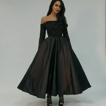 Элегантное женское вечернее платье черные женские вечерние платья Длинные элегантные с открытыми плечами с длинным рукавом тяжелые бусины вечерние платья