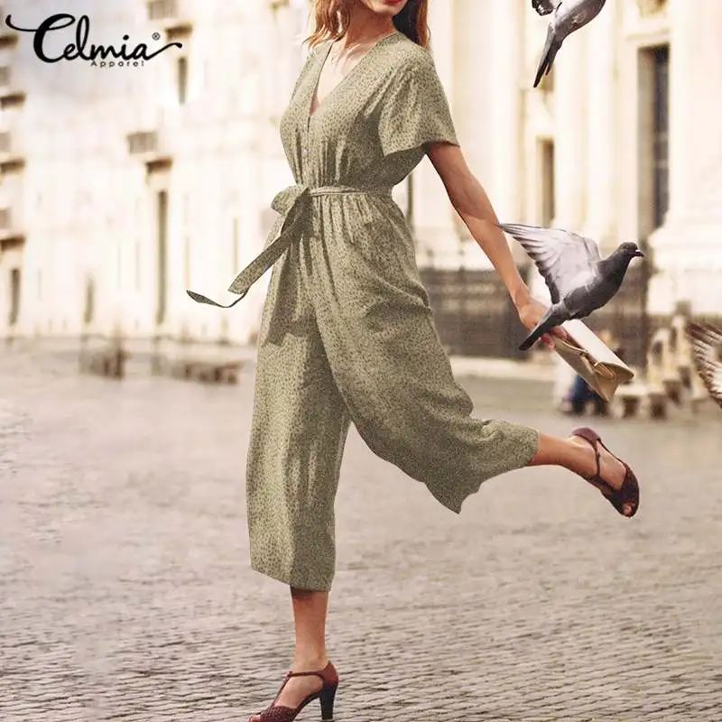 

2020 Summer Women Rompers Celmia Vintage Leopard Printed Jumpsuits Sexy V Neck Short Sleeve Casual Playsuits Belted 5XL Ovealls