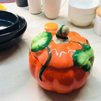 

Halloween Ceramic Snack Jar Pumpkin Shaped Storage Pot Snack Container for Kids Children Orange