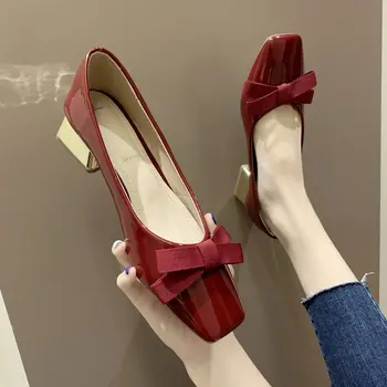 

Women Pumps Red High Heels Fashion Bow Thick Heels Women's Shoes Patent Leather Shoes Woman Shallow Mouth Work Shoes