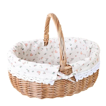 

Wicker Basket Willow Picnic Basket Hamper Shopping Basket Bag with Lid and White Liner for Outdoor Camping Picnic